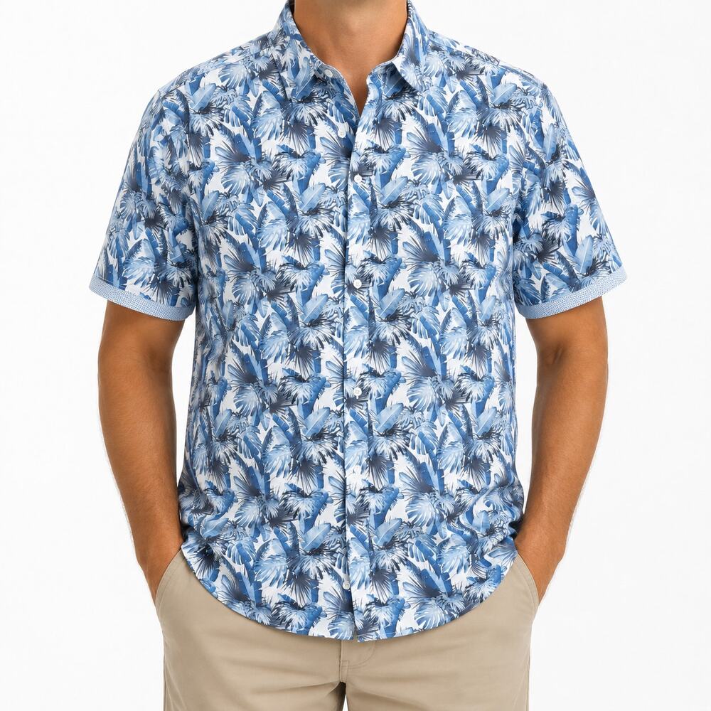 Society Of Threads Shirt Mens Large Blue White Floral Stretch Slim Fit Button-Up